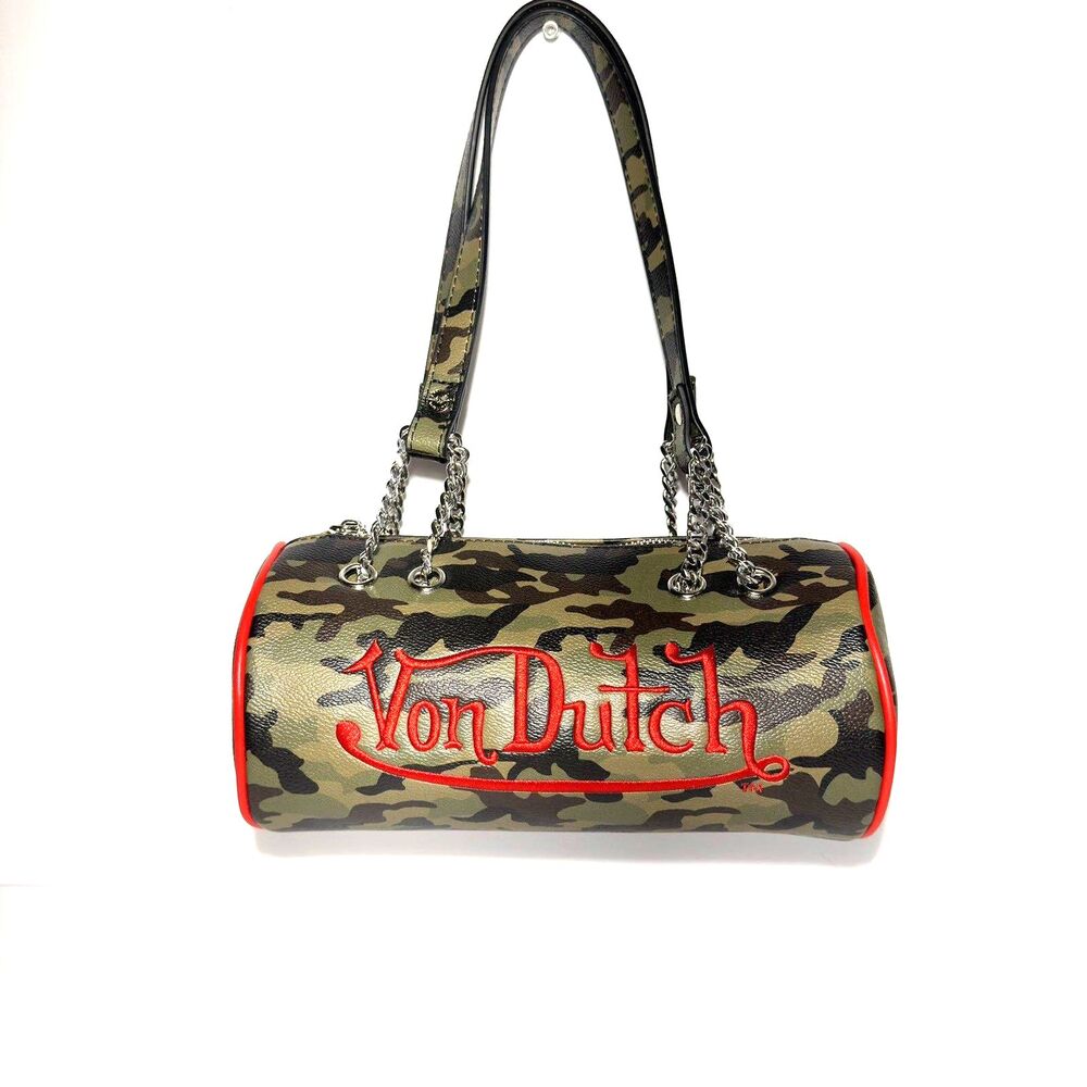 Von Dutch Camouflage Barrel Shoulder Bag Purse Chain Strap Y2K NWOT 10x4.5 in